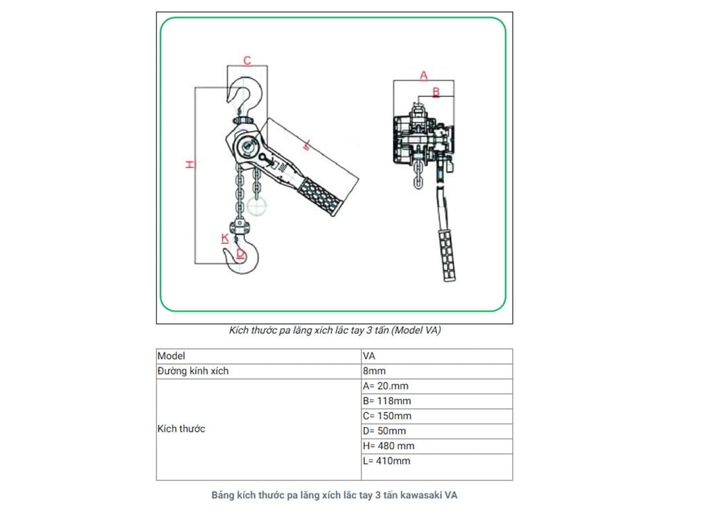 Pa lăng xích lắc tay Kawasaki 3 tấn 1.5m