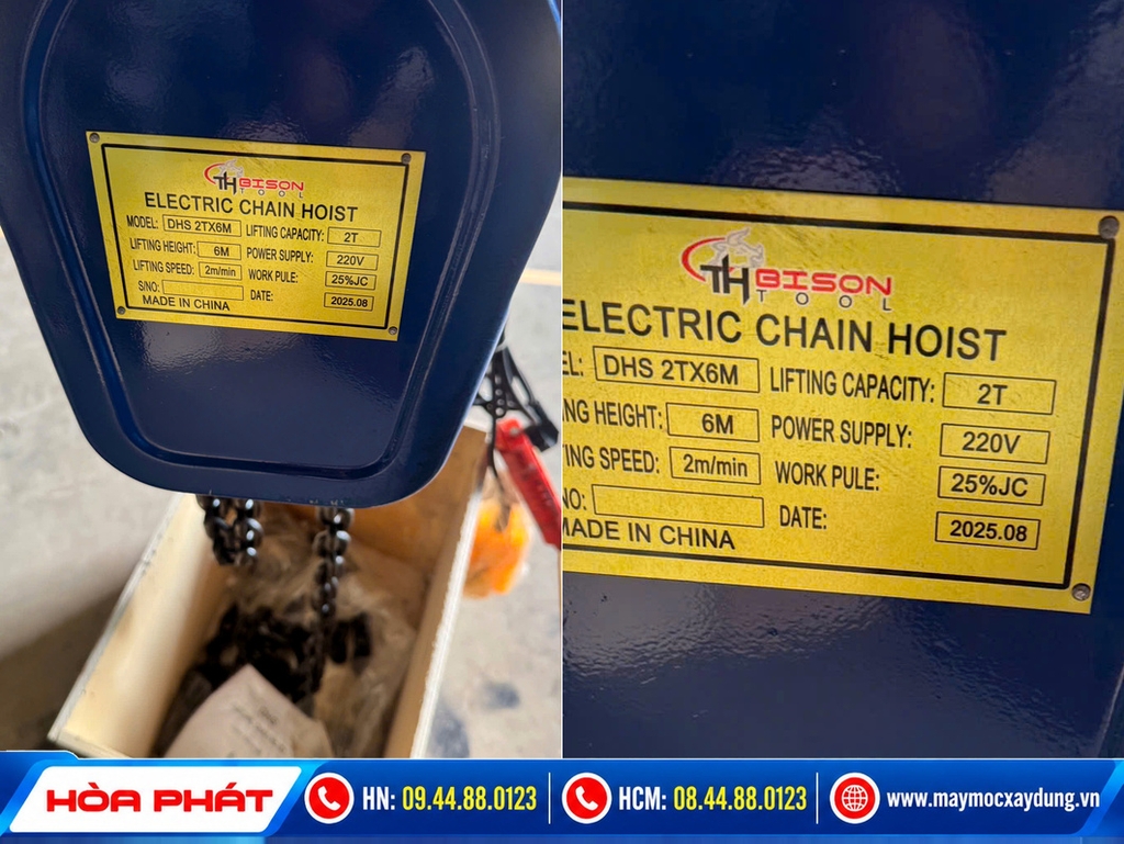 Pa lăng xích điện Bison 2 tấn 6m 220V lắp con chạy điện