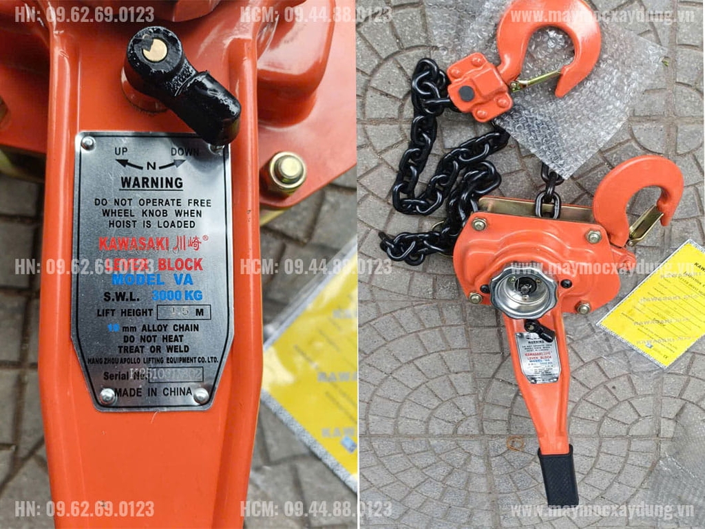 Pa lăng xích lắc tay Kawasaki 3 tấn 1.5m