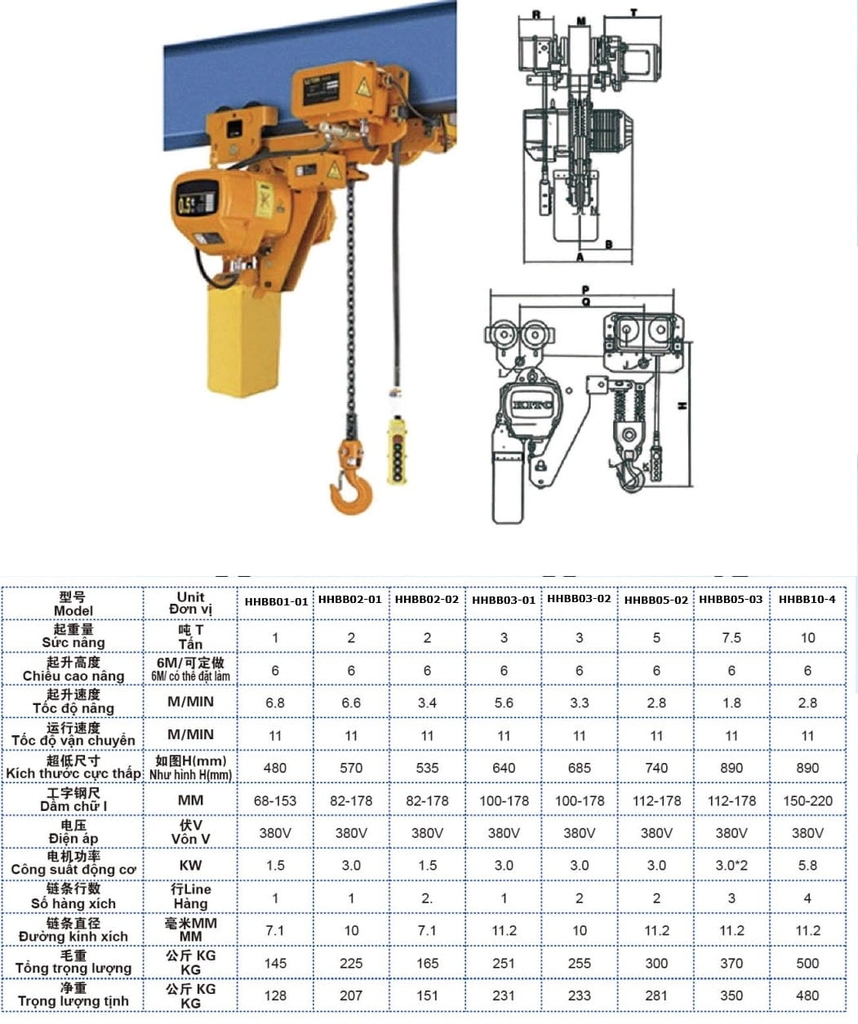 Pa lăng xích điện Koio 1 tấn 9m HHBB01-01 380V di chuyển ưu việt