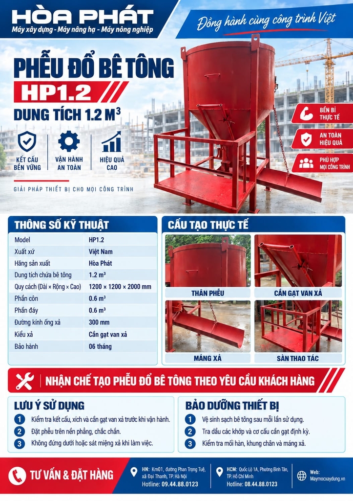 Phễu đổ bê tông 1.2 khối có máng xoay