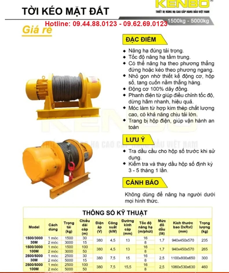 Tời kéo mặt đất Kenbo KCD2500-5000 100m 380V