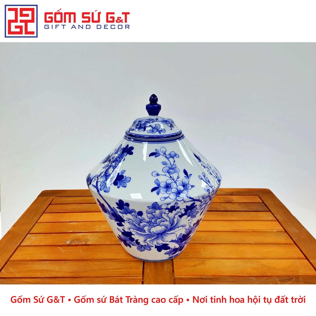 Bình hoa hình thoi men lam vẽ đào phù dung vẽ kỹ