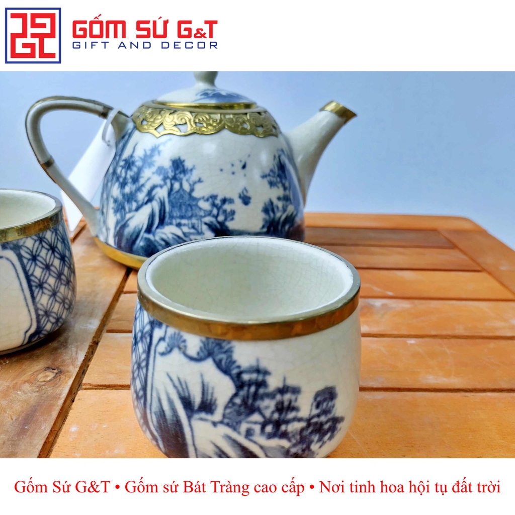 Bộ siêu quai sứ sơn thủy men rạn bọc đồng