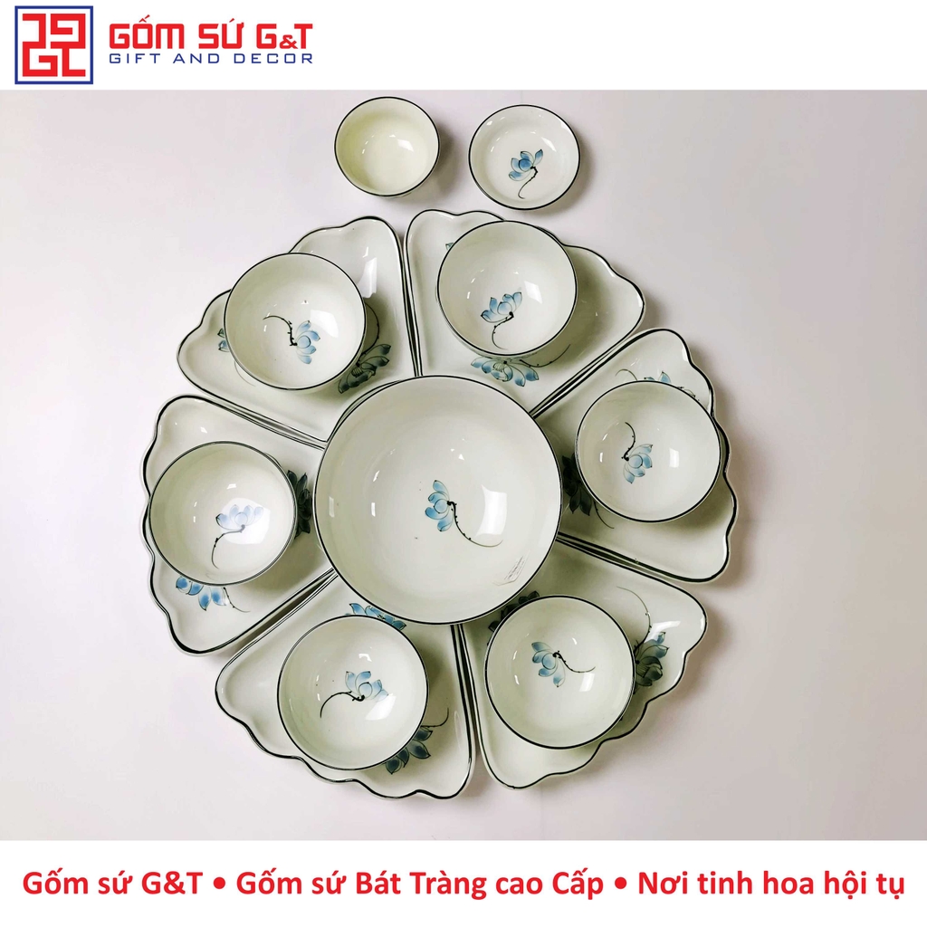 Bộ đồ ăn mặt men kem vẽ sen xanh