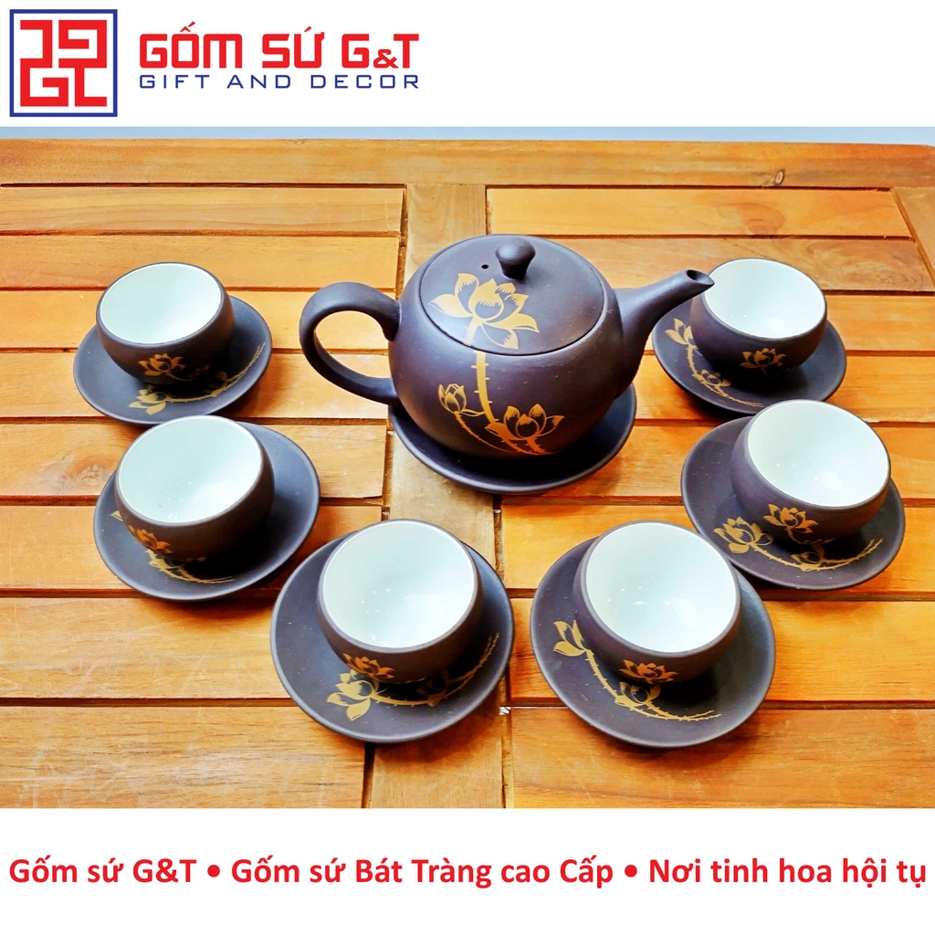 Bộ trà nâu vẽ sen vàng