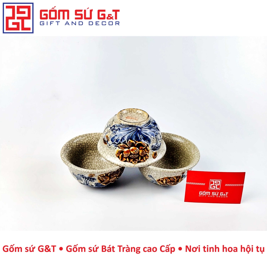 Bát cúng men rạn sen nổi