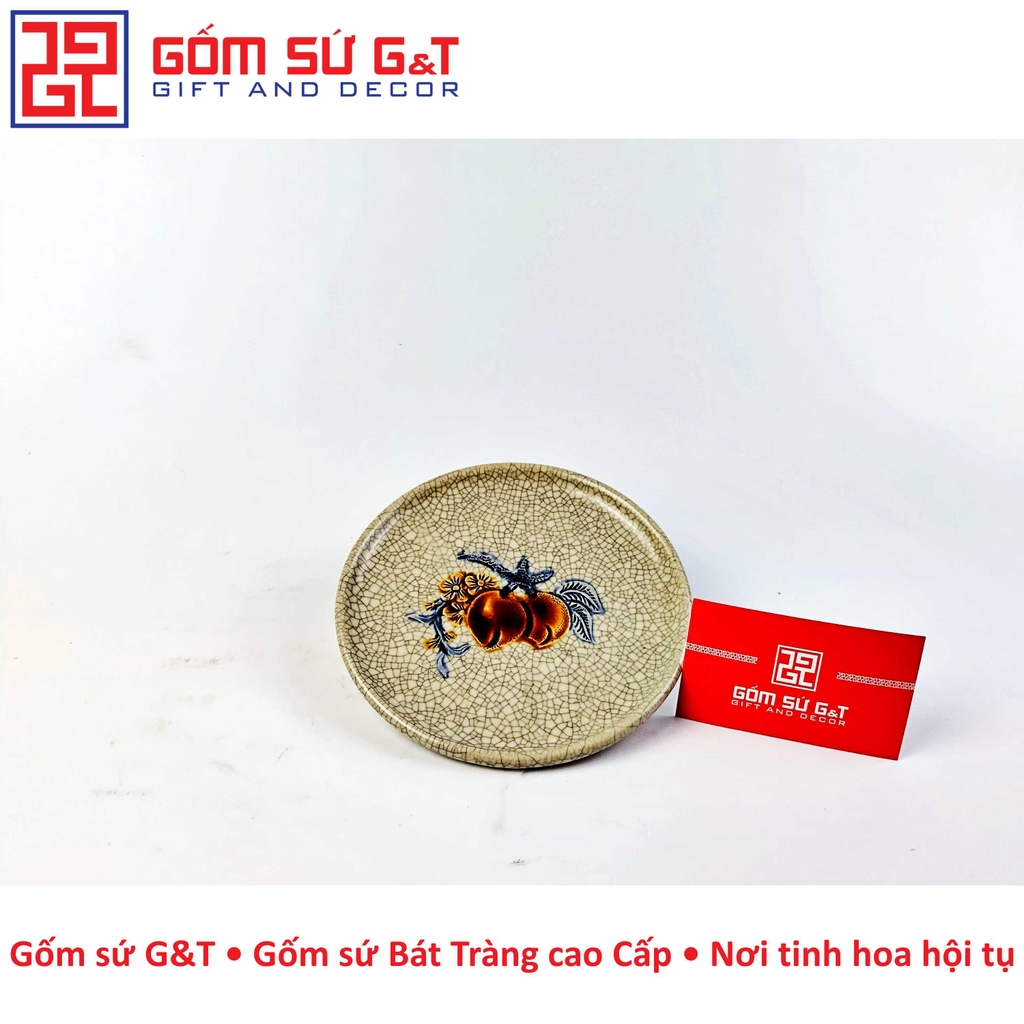 Đĩa trầu thấp men rạn đào trường thọ nổi