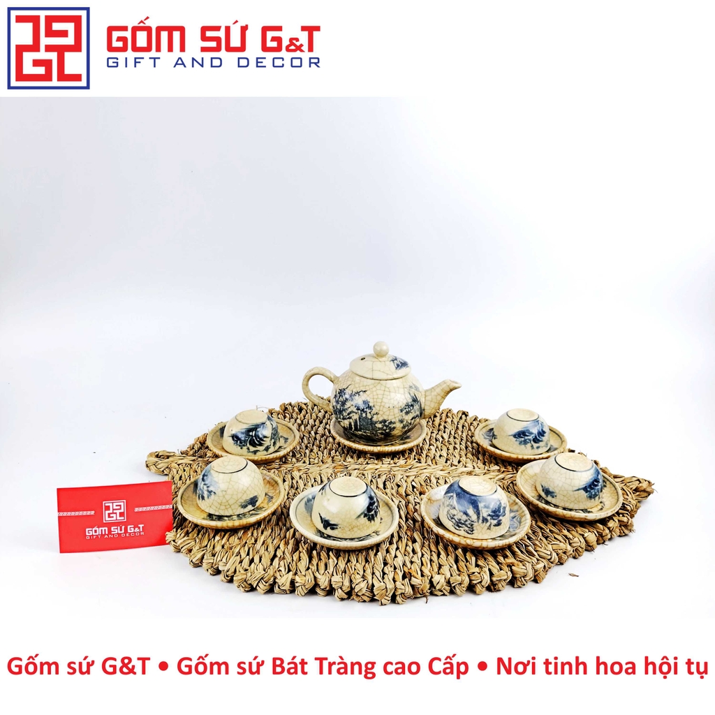 Bộ trà men rạn dáng quả hồng sơn thủy
