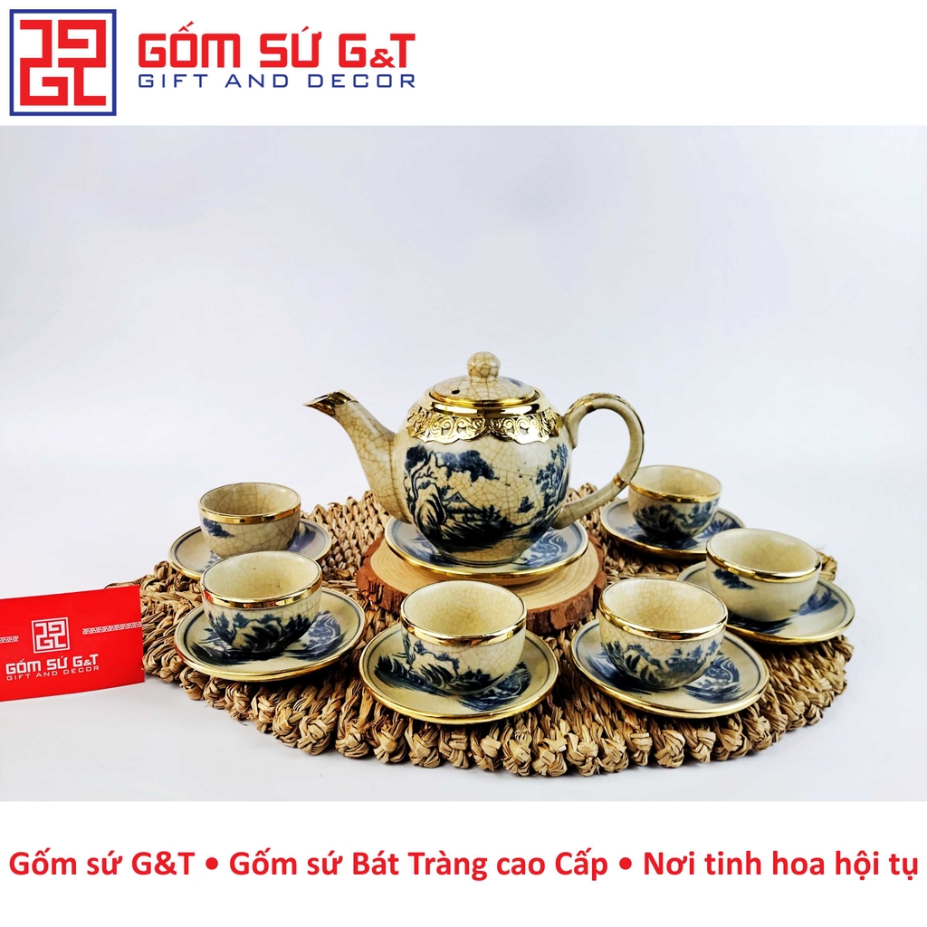 Ấm chén minh long sơn thuỷ men rạn bọc đồng