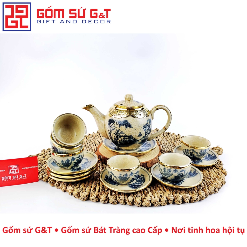 Ấm chén minh long sơn thuỷ men rạn bọc đồng