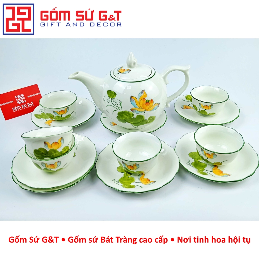 Bộ trà chóp lửa men kem vẽ sen vàng