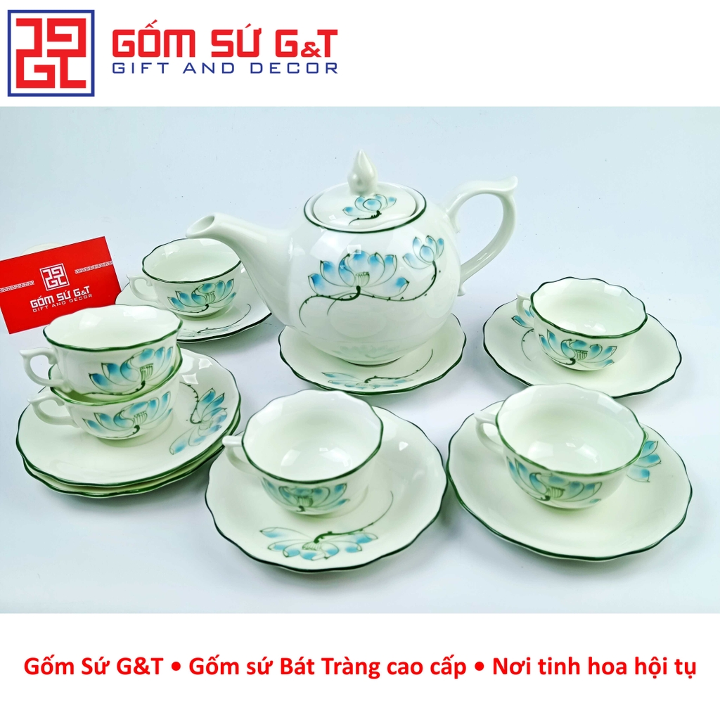 Bộ trà chóp lửa men kem vẽ sen xanh