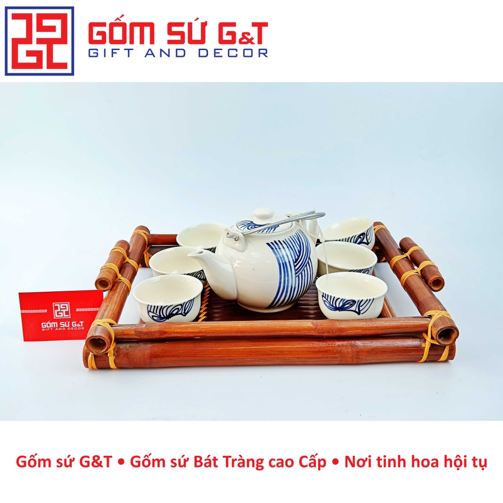 Bộ trà vẽ kẻ sóng khay gỗ