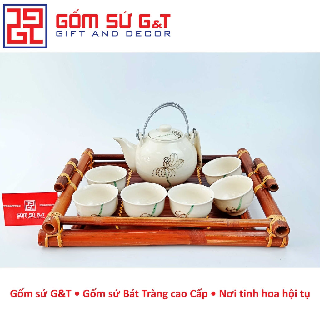 Bộ trà quả đào vẽ sen khay gỗ