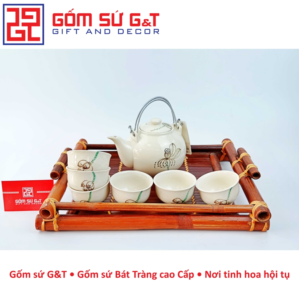 Bộ trà quả đào vẽ sen khay gỗ