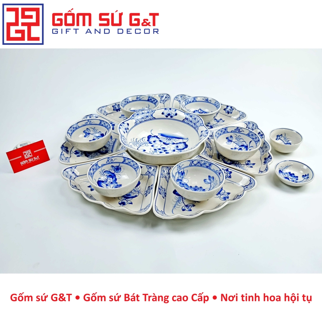 Bộ đồ ăn mặt trời vẽ sen xanh