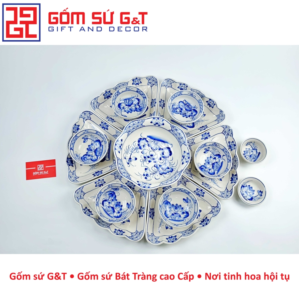 Bộ đồ ăn mặt trời vẽ sen xanh