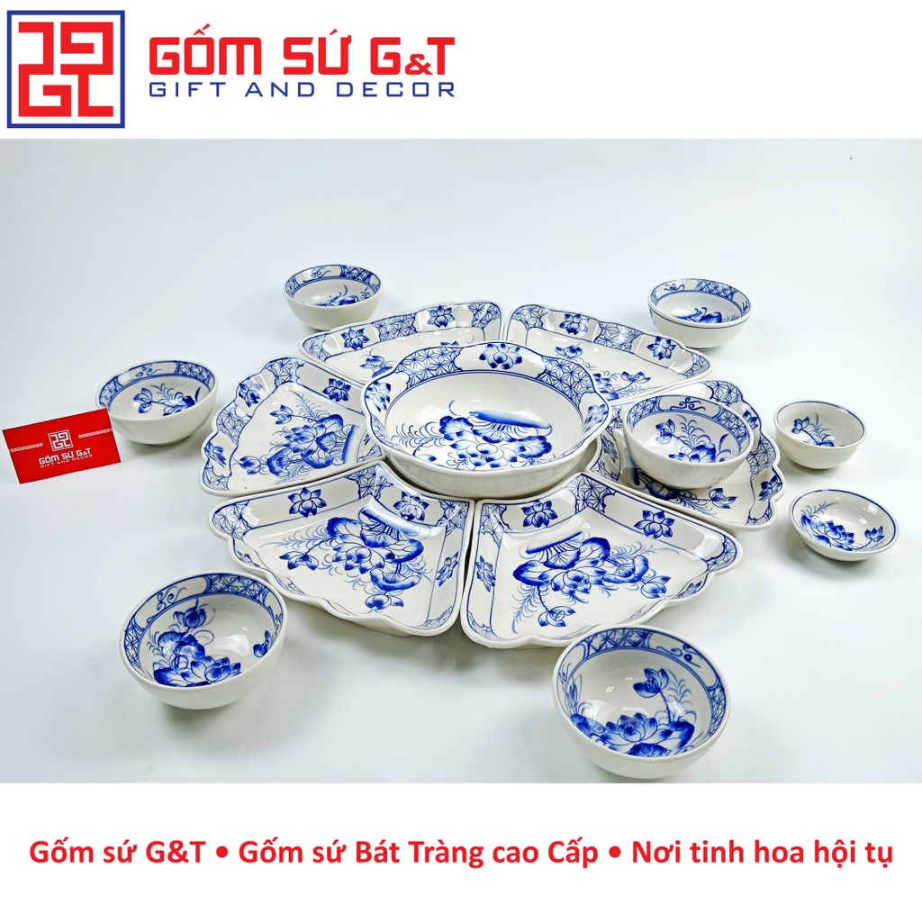 Bộ đồ ăn mặt trời vẽ sen xanh