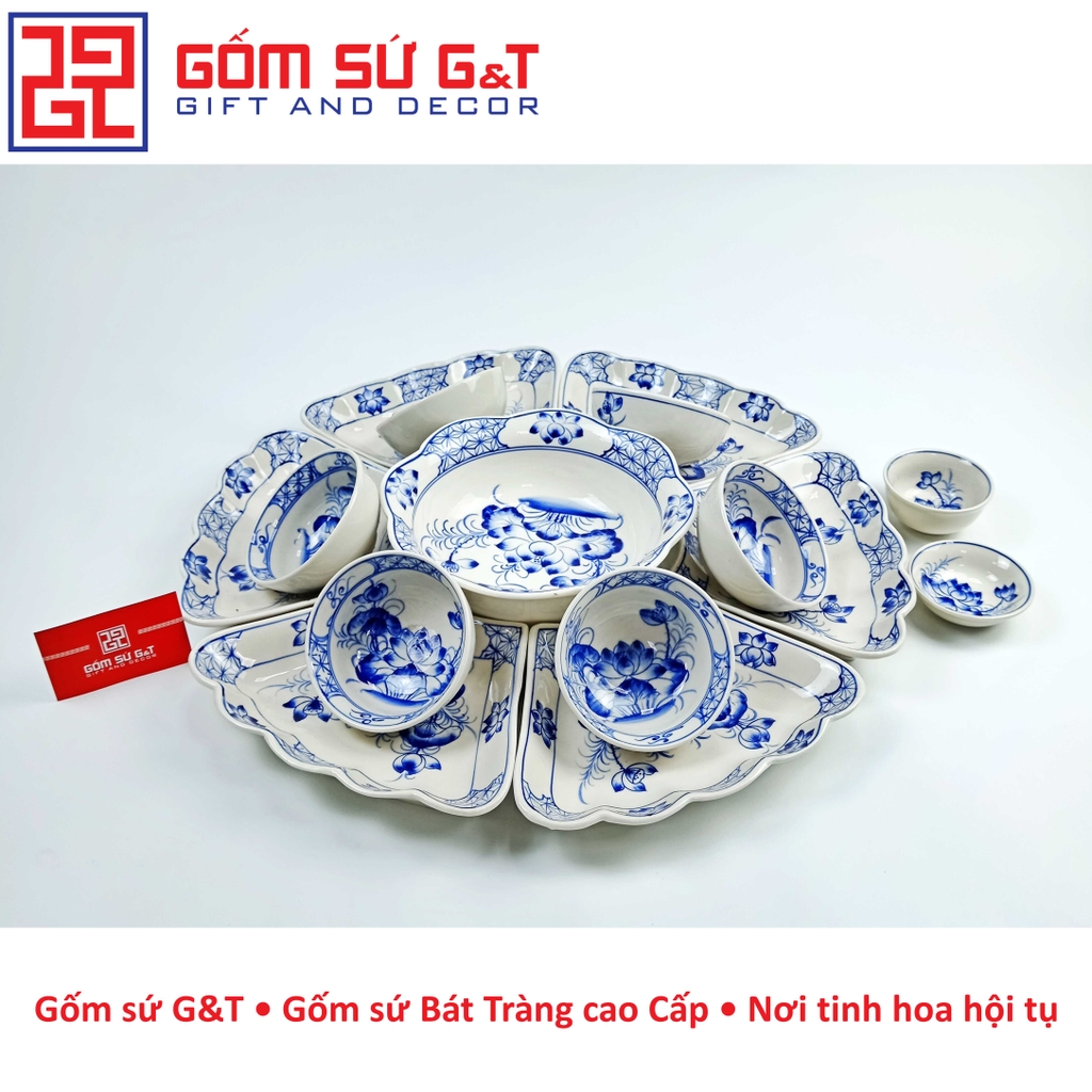 Bộ đồ ăn mặt trời vẽ sen xanh