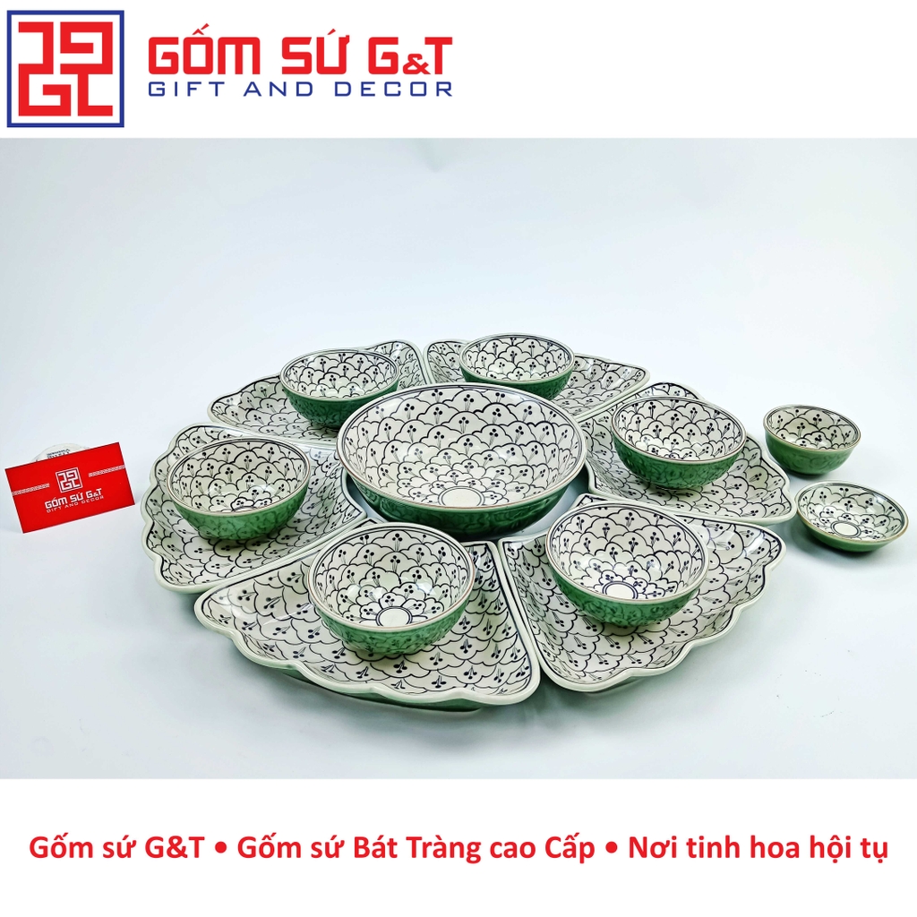 Bộ mặt trời vẽ hoa bèo men xanh đồng
