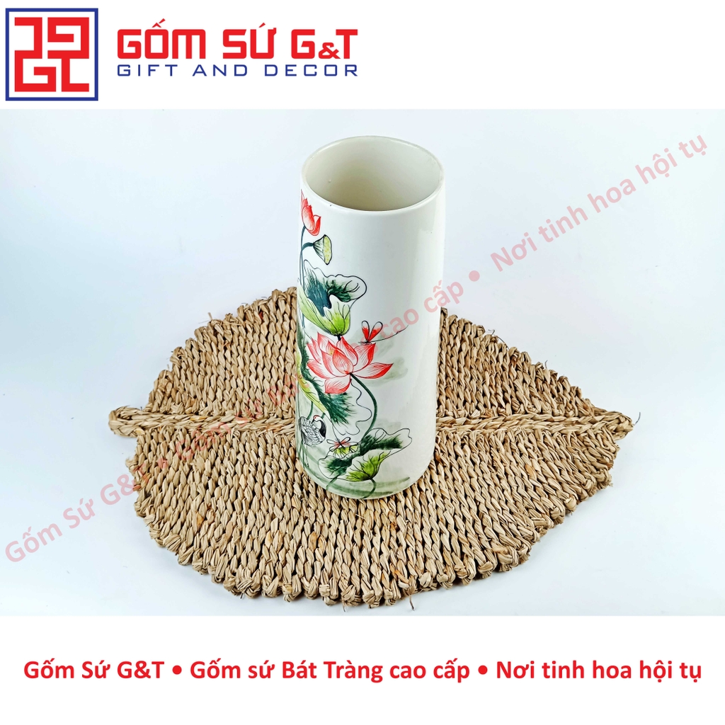 Lọ hoa dáng ống vẽ sen hạc