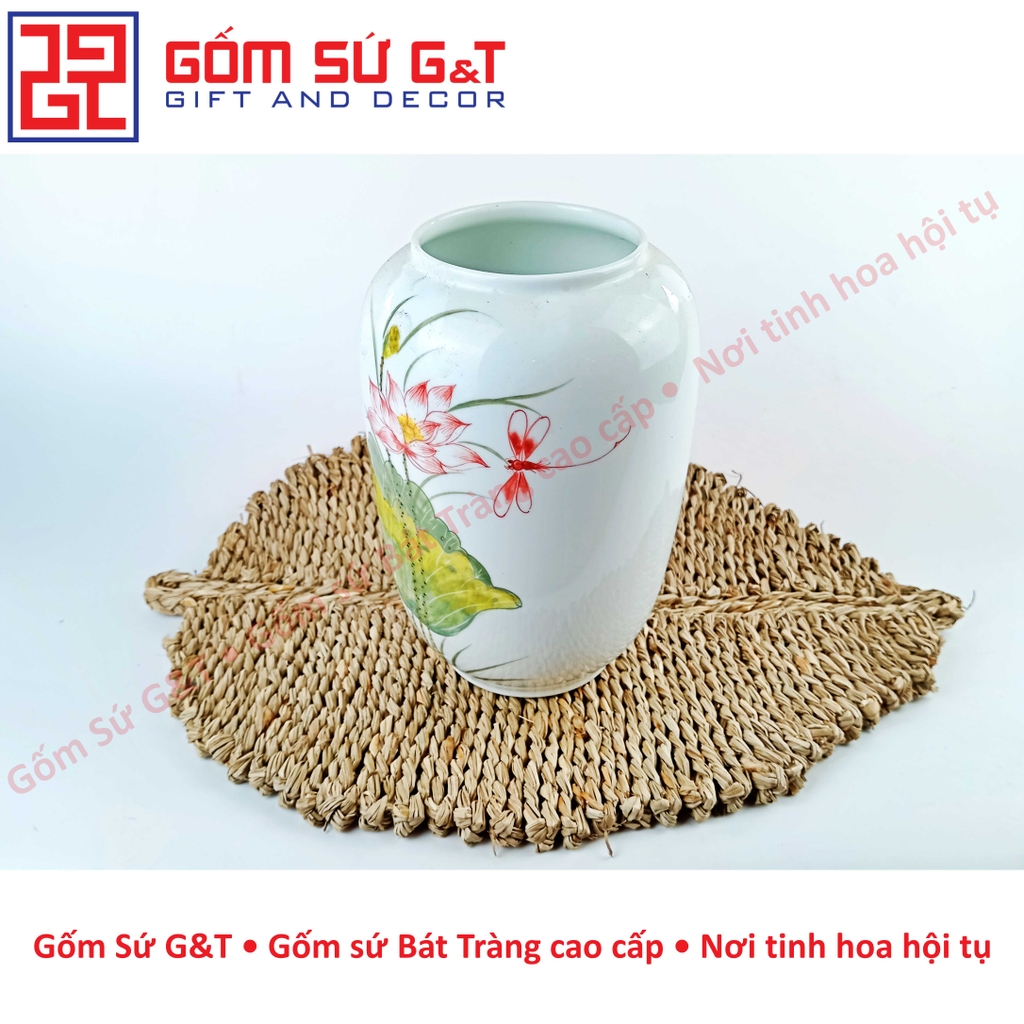 Lọ hoa dáng đèn lồng vẽ sen chuồn