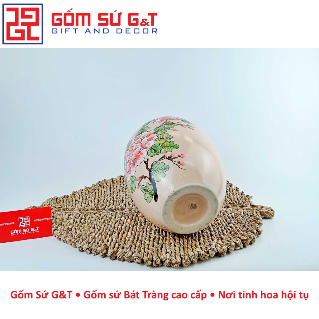 Lọ hoa dáng đèn lồng miệng nhỏ vẽ chim hoa phù dung