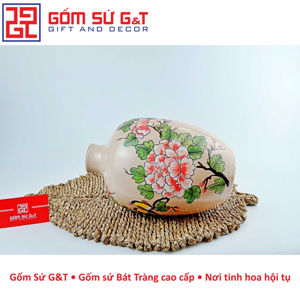 Lọ hoa dáng đèn lồng miệng nhỏ vẽ chim hoa phù dung