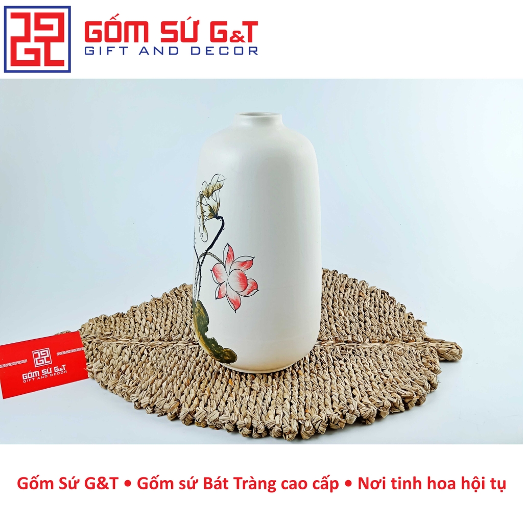 Lọ hoa dáng phích miệng nhỏ vẽ sen