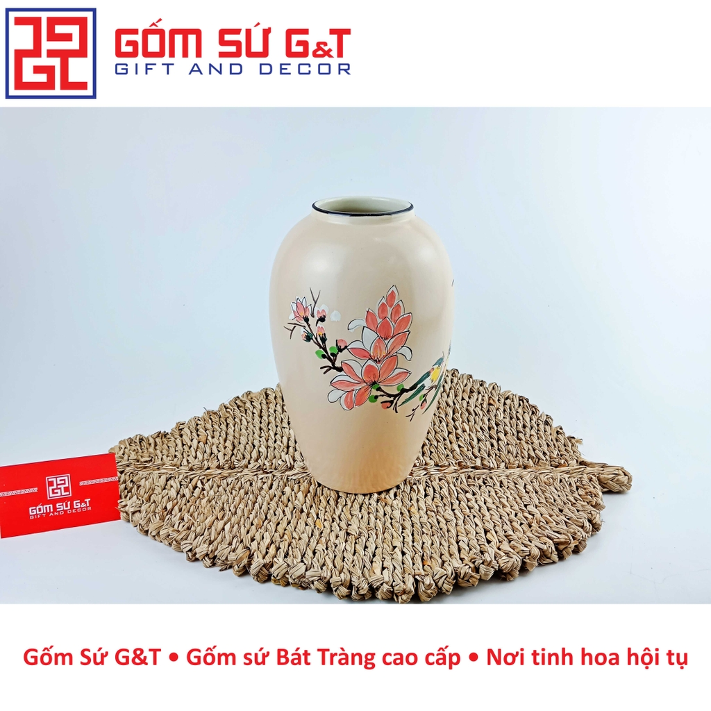 Lọ hoa dáng bom vẽ chim đào