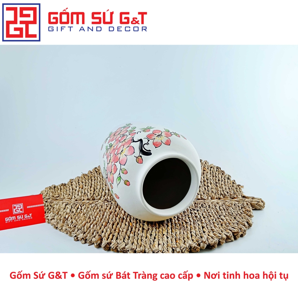 Lọ hoa dáng đèn lồng vẽ đào hồng