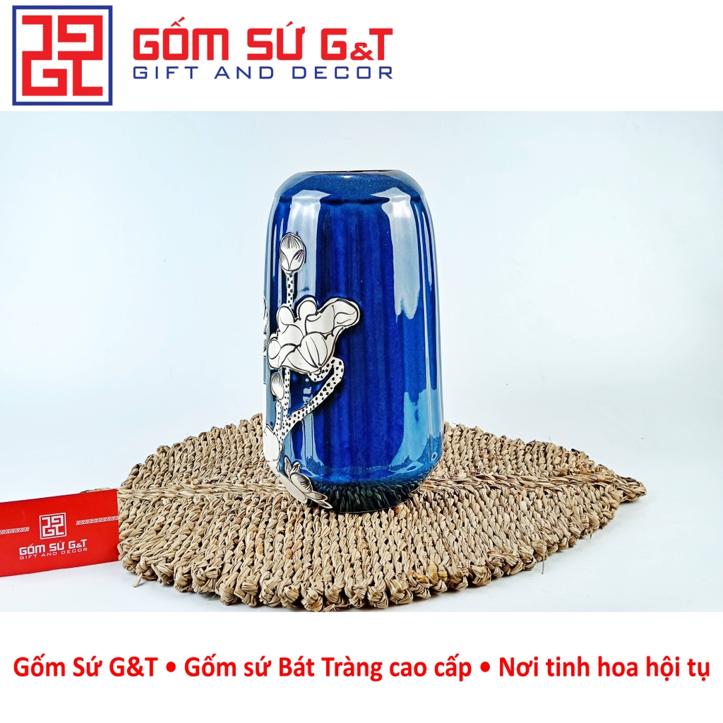 Lọ hoa men hỏa biến lá dứa miệng thấp vẽ sen