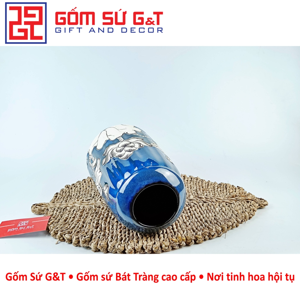 Lọ hoa men hỏa biến lá dứa miệng thấp vẽ sen