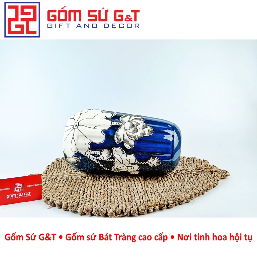 Lọ hoa men hỏa biến lá dứa miệng thấp vẽ sen