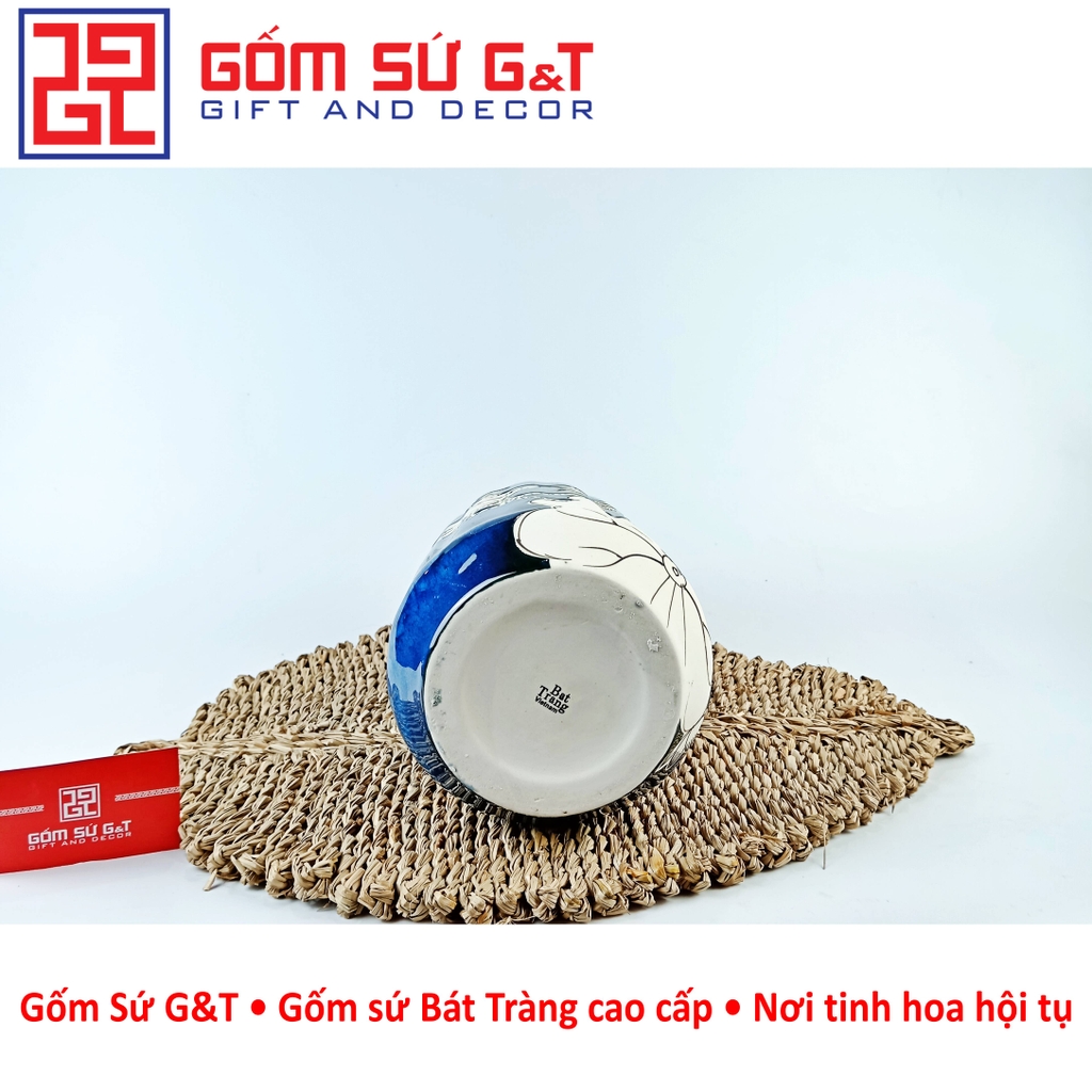 Lọ hoa men hỏa biến lá dứa miệng thấp vẽ sen
