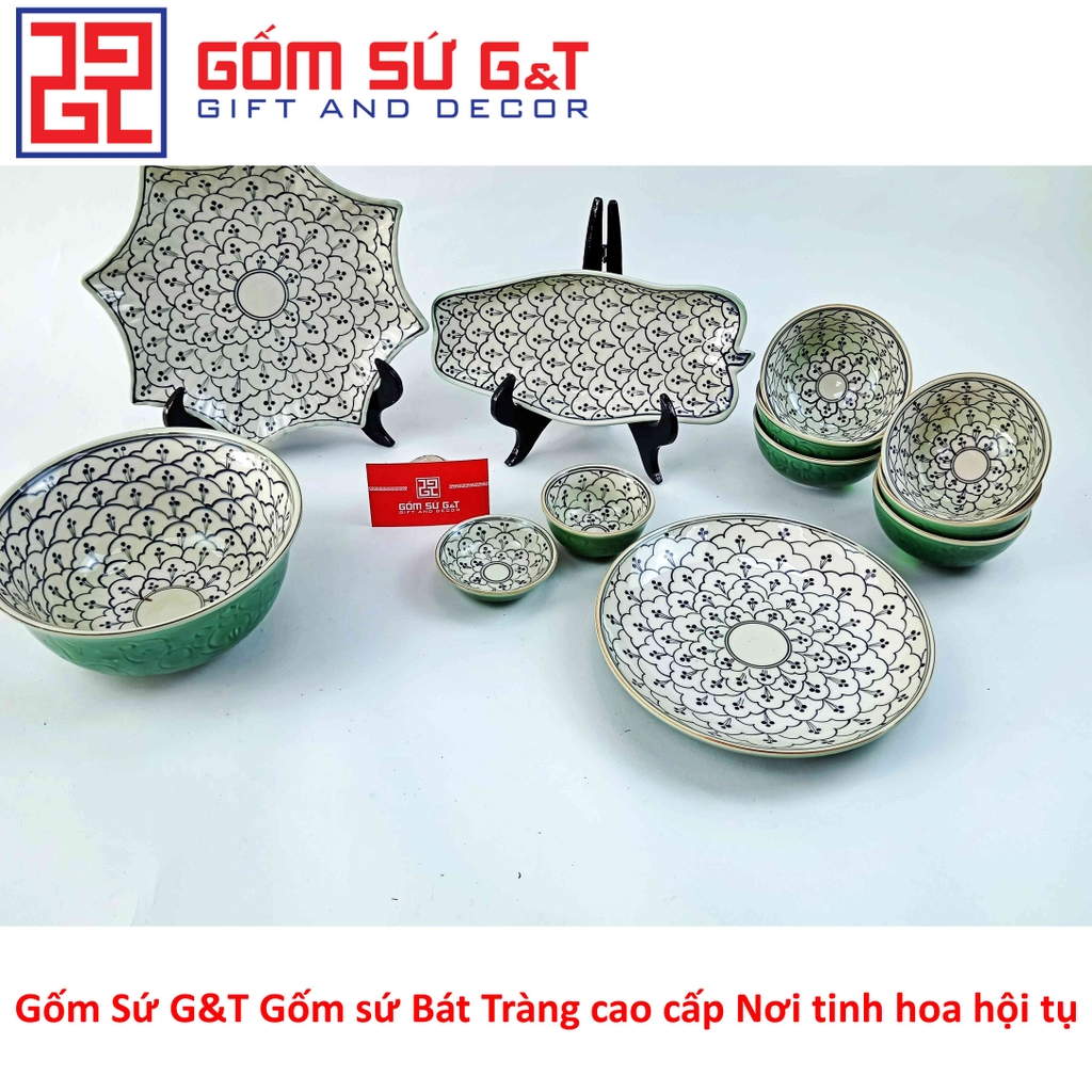 Bộ đồ ăn 6 người men xanh đồng vẽ hoa bèo