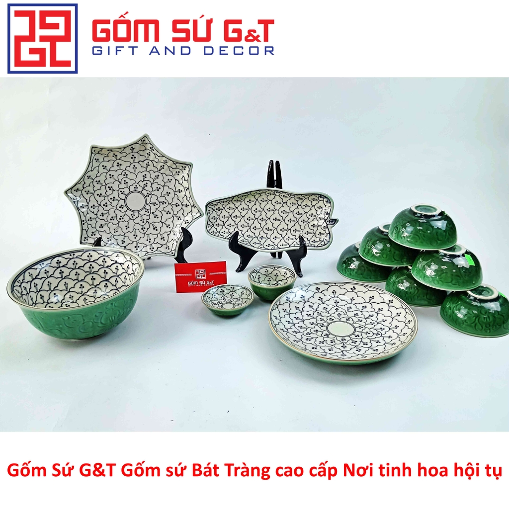 Bộ đồ ăn 6 người men xanh đồng vẽ hoa bèo