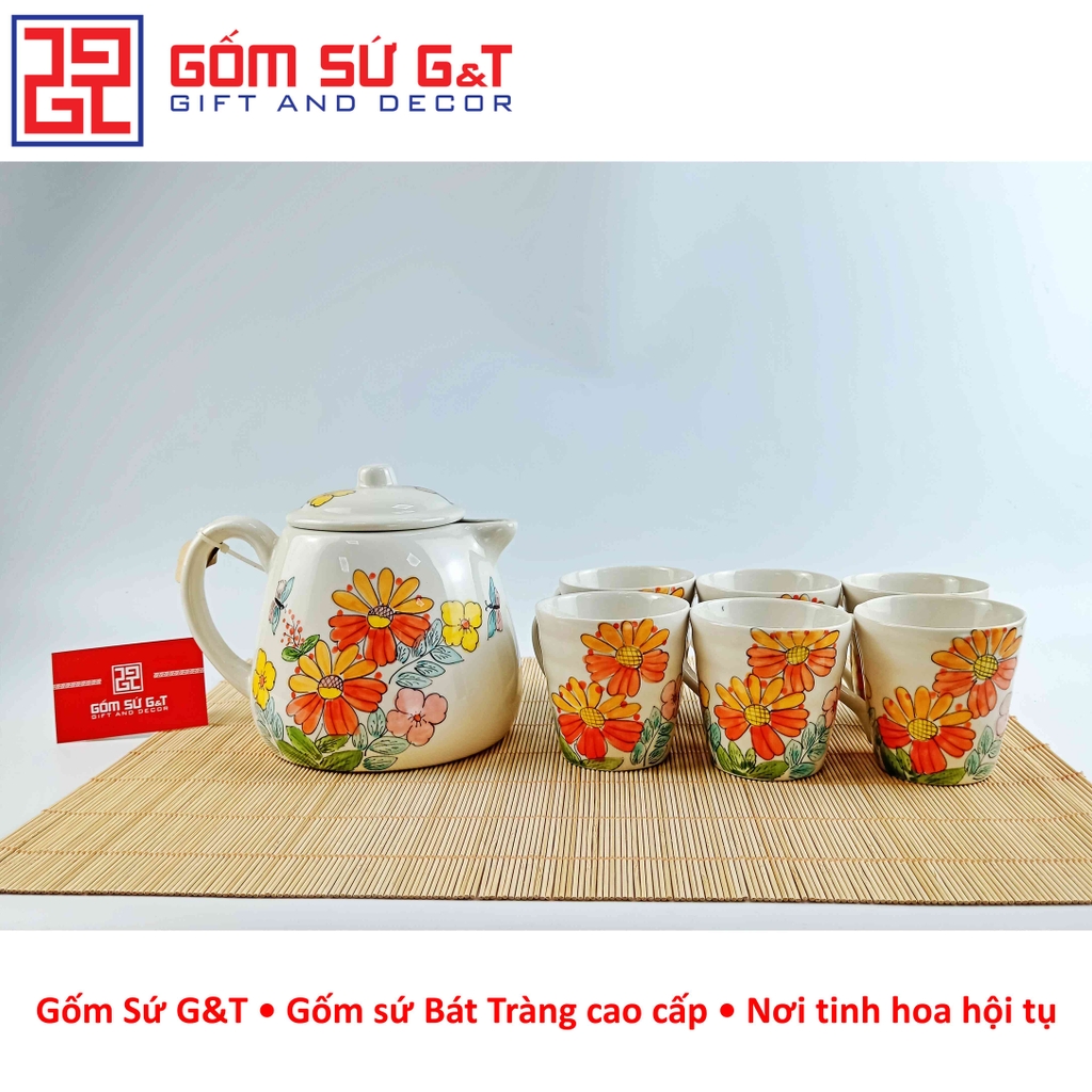 Ấm chén vẽ hoa cúc đỏ