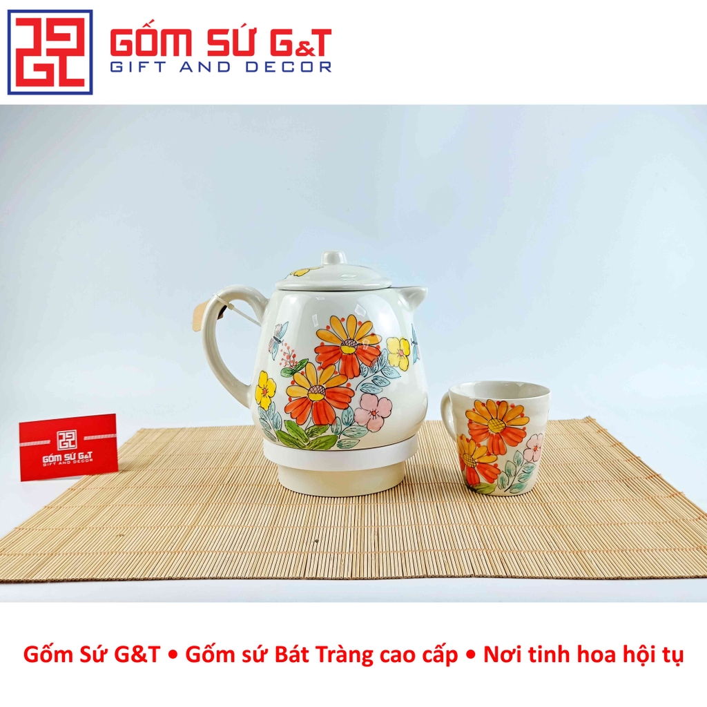 Ấm chén vẽ hoa cúc đỏ