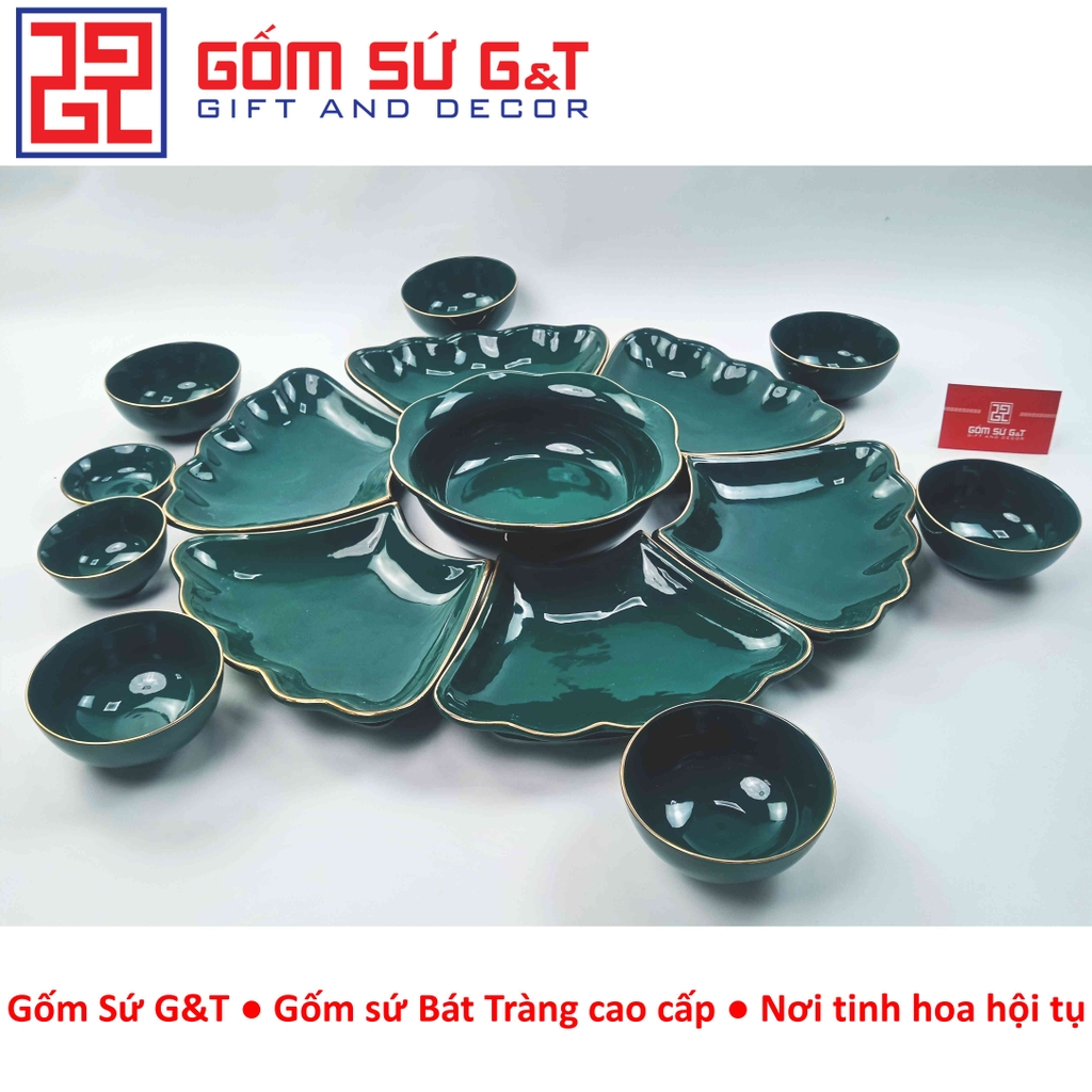 Bộ đồ ăn mặt trời xanh cổ vịt vẽ vàng kim