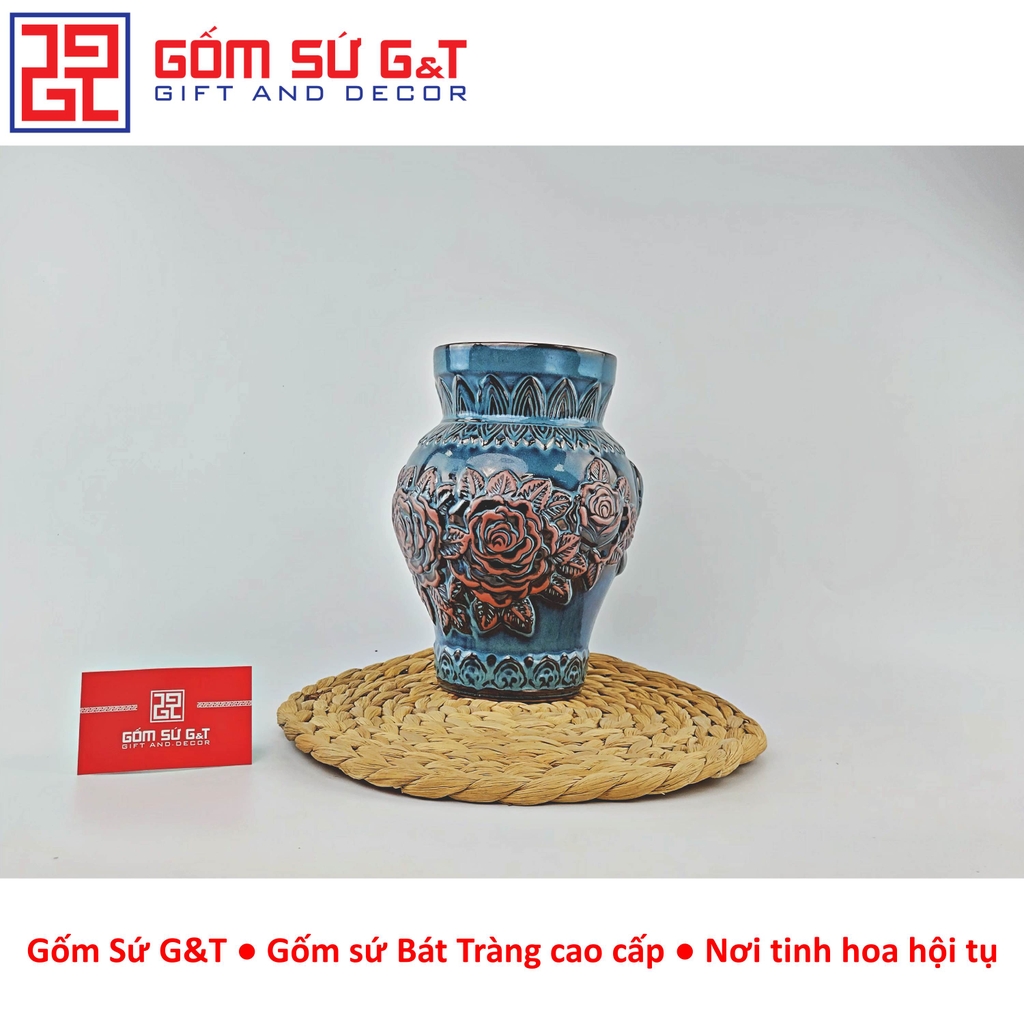 Lọ hoa men hỏa biến cổ thẳng khắc hoa hồng