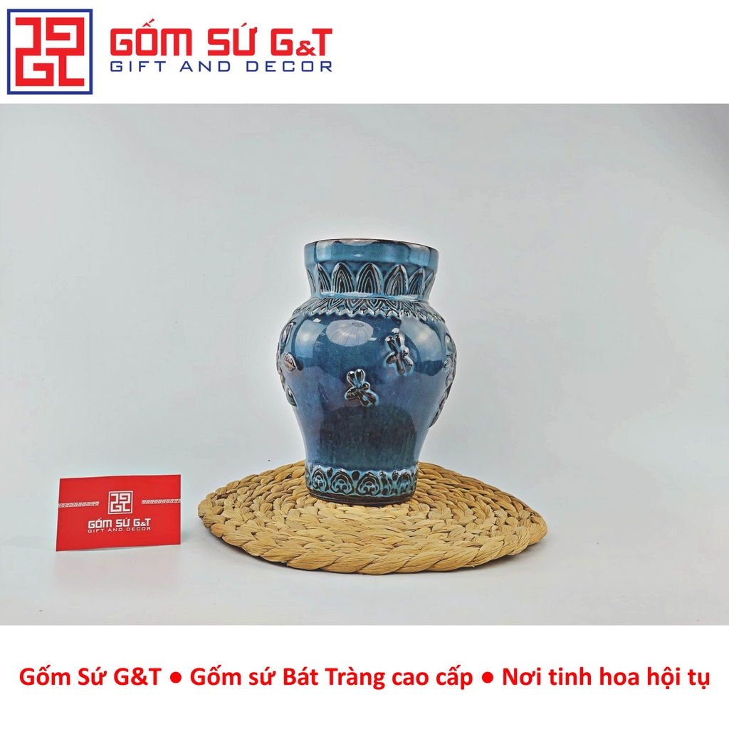 Lọ hoa men hỏa biến cổ thẳng khắc hoa hồng