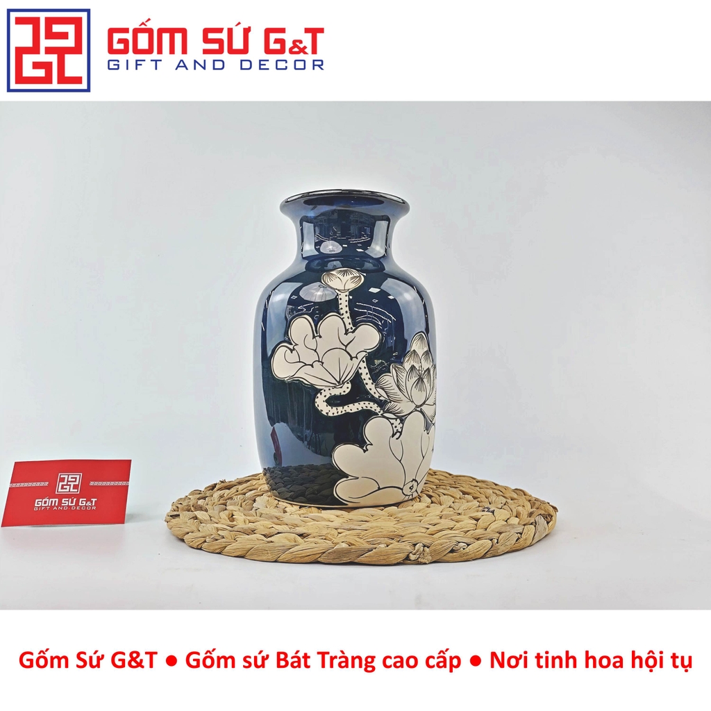 Lọ hoa men hỏa biến dáng phích cổ thấp vẽ sen