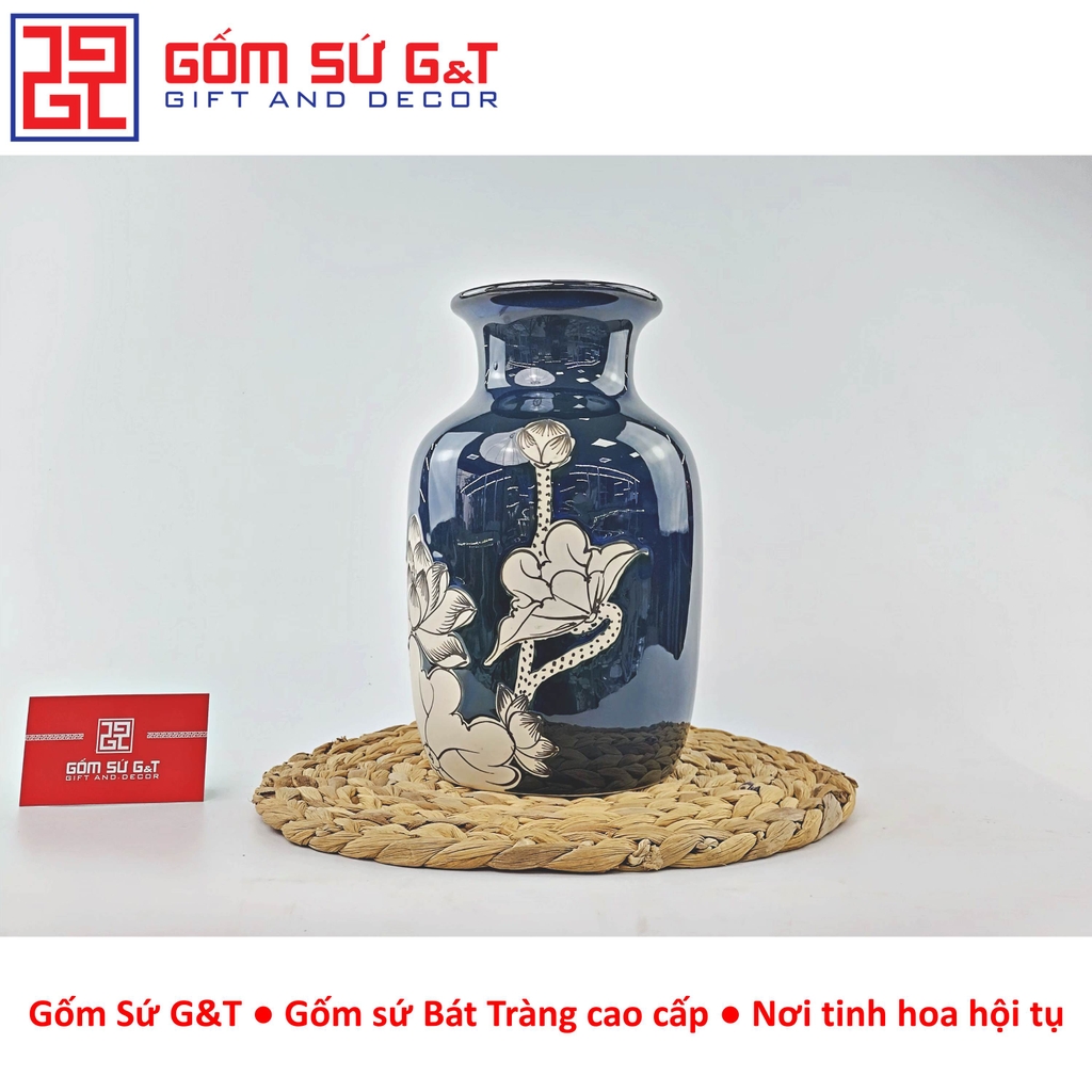 Lọ hoa men hỏa biến dáng phích cổ thấp vẽ sen