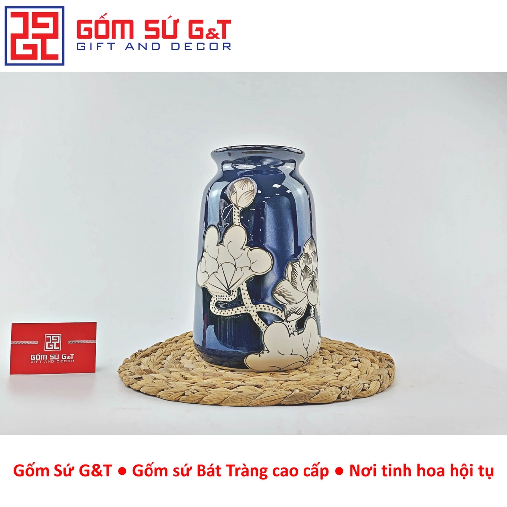 Lọ hoa men hỏa biến dáng đầm vẽ sen