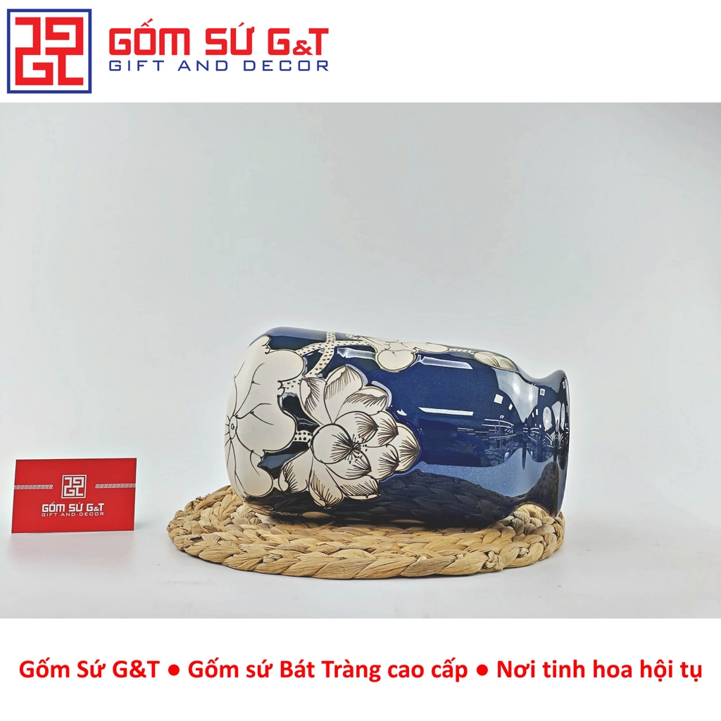 Lọ hoa men hỏa biến dáng đầm vẽ sen