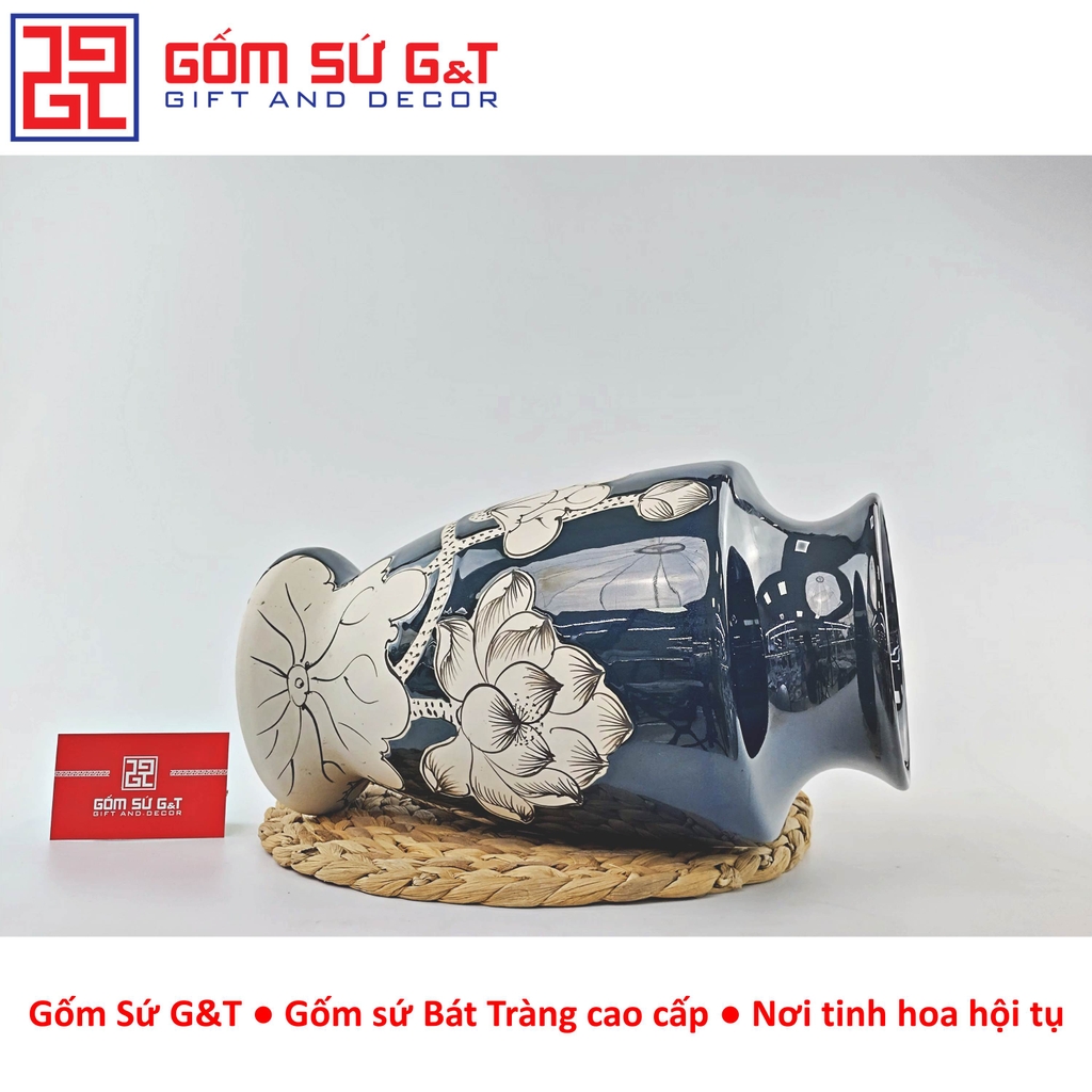 Lọ hoa men hỏa biến dáng chân voi vẽ sen