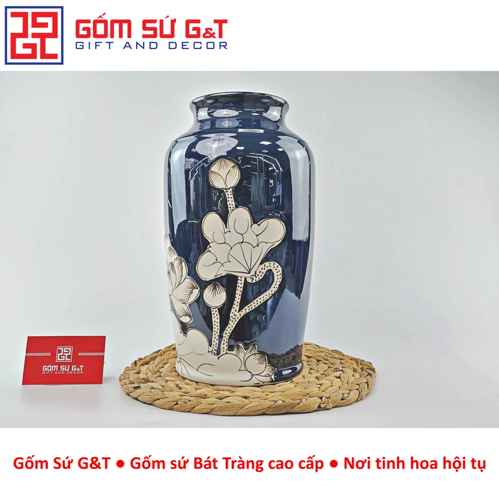 Lọ hoa men hỏa biến dáng thạp vẽ sen