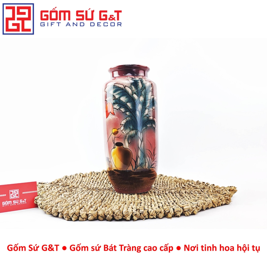 Lọ hoa dáng phích loe vẽ 3D sắc chuối bên lu